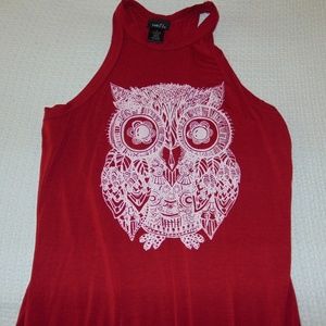 Owl Print Red Midi-Dress